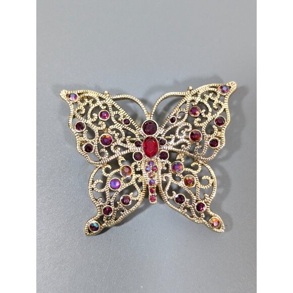 Liz Claiborne Butterfly Brooch Red AB Crystal Filigree Large - Picture 2 of 8